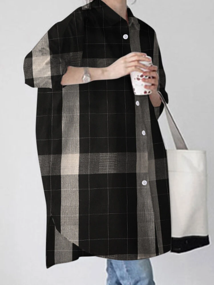 Check Pattern Loose Button Front Lapel Long Sleeve Shirt 2 Check Pattern Loose Button Front Lapel Long Sleeve Shirt - Image 2