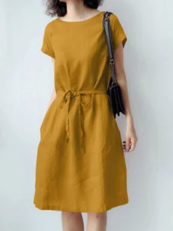 Solid Pocket Short Sleeve Crew Neck Dress With Belt -Zanzea Shop 3b755fb9 2e6d 4943 a1c3 e9f5de4eacc8