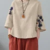 Flower Embroidery Frog Button Crew Neck 3/4 Sleeve Blouse