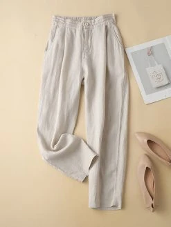 Women Solid Color Cotton Casual Pants With Pocket