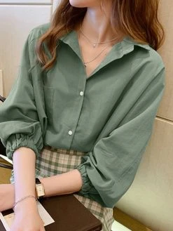 Solid 3/4 Sleeve Pocket Lapel Blouse For Women
