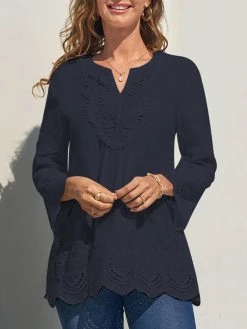 Embroidery Solid Notch Neck Blouse For Women -Zanzea Shop 3be57980 6d6b 4df3 952d 719f8836335e