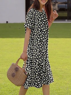 Allover Floral Print Ruffle Hem Short Sleeve Crew Neck Dress -Zanzea Shop 3c37a0f9 c82c 4d3b b39a 62d13feea107