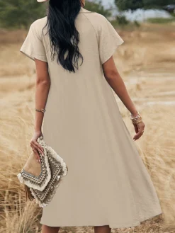 Solid Lapel Short Sleeve Button Front Casual Dress -Zanzea Shop 3c38f821 f2ec 4080 9a00 46c997c173ed