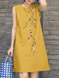 Women Floral Embroidered Crew Neck Cotton Sleeveless Dress