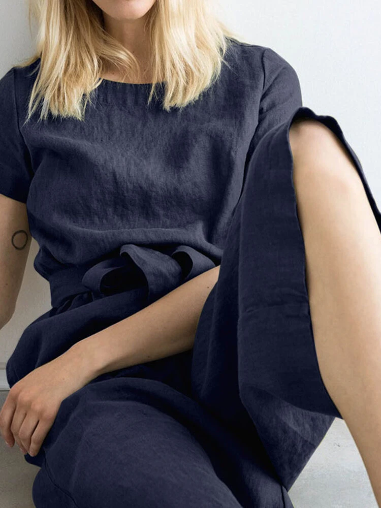 Solid Pocket Short Sleeve Wide Leg Jumpsuit With Belt 2 Solid Pocket Short Sleeve Wide Leg Jumpsuit With Belt - Image 2