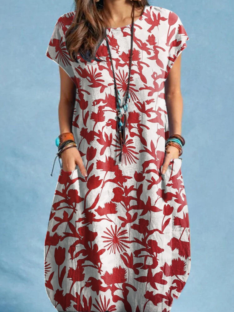 Plants Print Pocket Short Sleeve Crew Neck Casual Dress 5 Plants Print Pocket Short Sleeve Crew Neck Casual Dress - Image 5