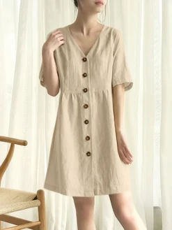 Cotton Solid Button Short Sleeve V-neck Casual Dress -Zanzea Shop 3c832dd2 84a4 4555 aec2 81f671401f08