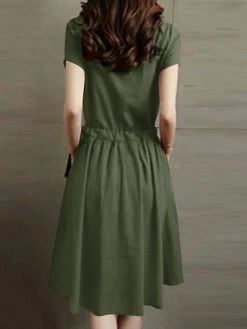 Leisure Solid Pocket Drawstring Short Sleeve Cotton Midi Dress -Zanzea Shop 3c96be51 aa12 4b5d be80 9d87e46291d2