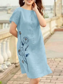 Women Floral Embroidered Crew Neck Casual Short Sleeve Dress