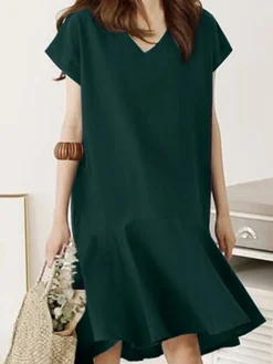 Solid Ruffle V Neck Short Sleeve Casual Midi Dress