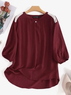 Lace Panel 3/4 Sleeve Crew Neck Casual Blouse