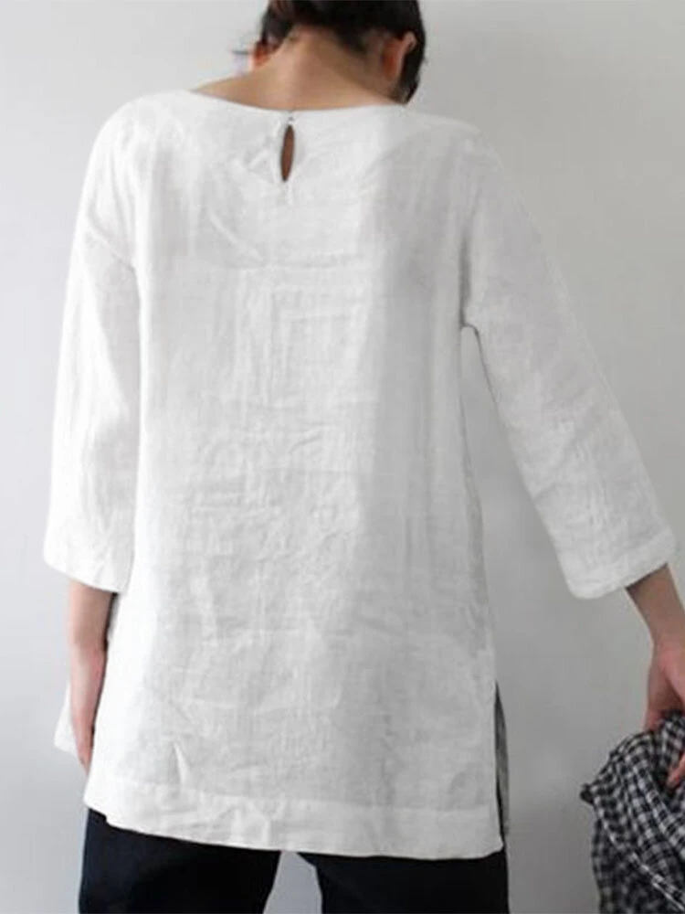 Solid 3/4 Sleeve Keyhole Back Slit Crew Neck Blouse 2 Solid 3/4 Sleeve Keyhole Back Slit Crew Neck Blouse - Image 2