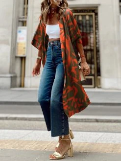 Women Abstract Print Open Front Loose Half Sleeve Kimono