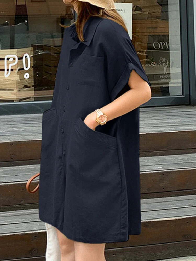 Solid Loose Pocket Button Lapel Short Sleeve Romper 3 Solid Loose Pocket Button Lapel Short Sleeve Romper - Image 3