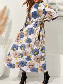 Cottagecore Flower Print Sash Lettuce-Edge Long Sleeve Maxi Dress -Zanzea Shop 3d336c79 64c8 4069 85a2 c6ca555b1269