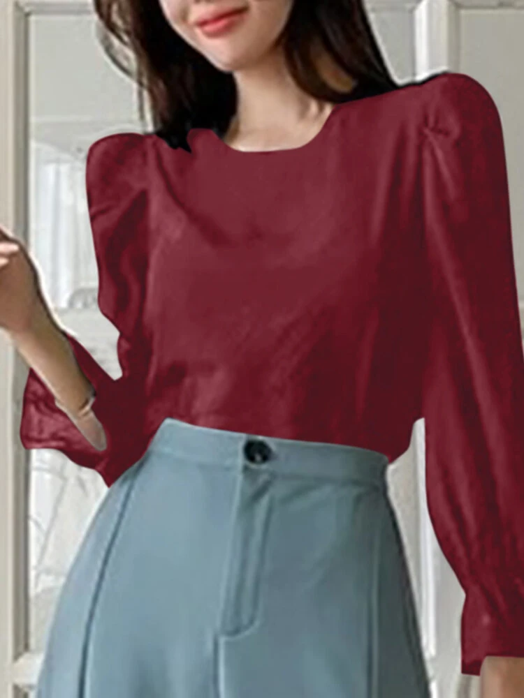 Solid Long Puff Sleeve Crew Neck Blouse 3 Solid Long Puff Sleeve Crew Neck Blouse - Image 3