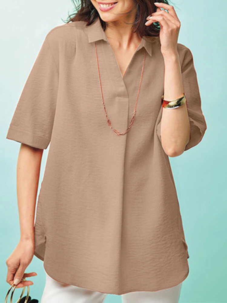 Women Solid Color Lapel Casual Short Sleeve Shirt 5 Women Solid Color Lapel Casual Short Sleeve Shirt - Image 5