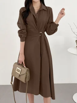 Solid Long Sleeve Belt Lapel Casual Dress -Zanzea Shop 3d885bc4 ec91 46b3 a5f9 2023c543acbc