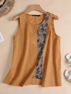Women Floral Print Patchwork Crew Neck Cotton Sleeveless Tank Top