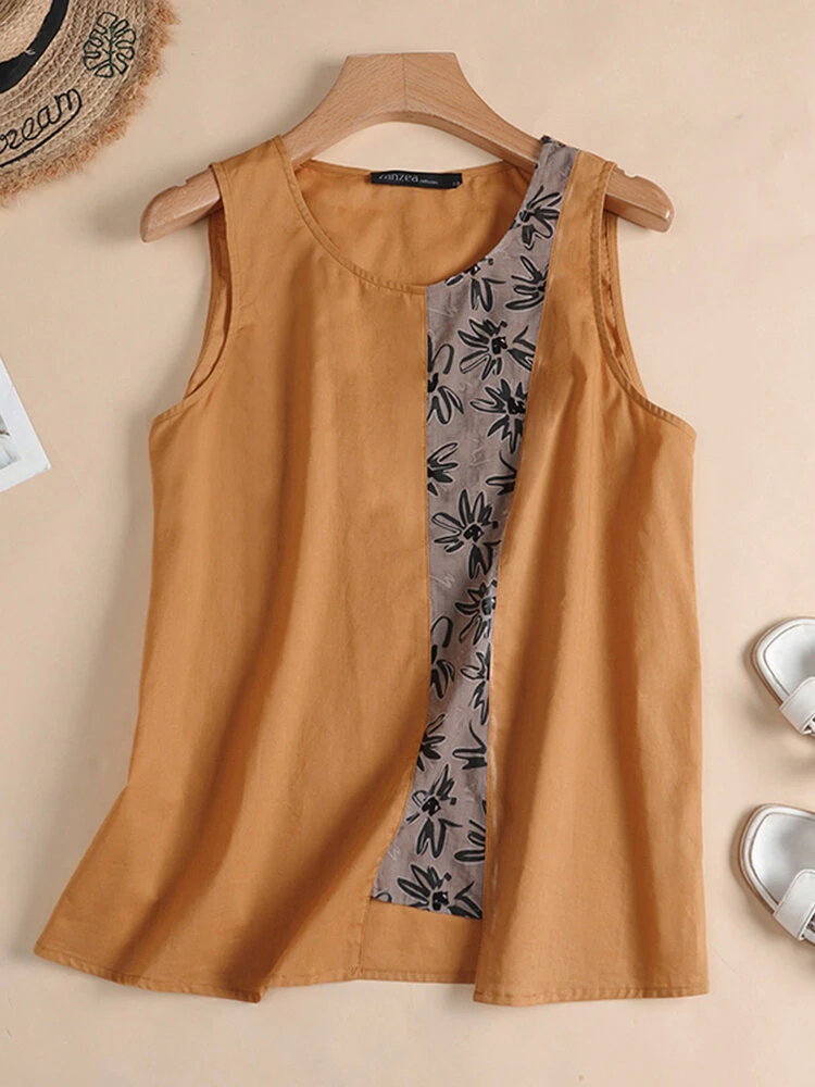 Women Floral Print Patchwork Crew Neck Cotton Sleeveless Tank Top 1 Women Floral Print Patchwork Crew Neck Cotton Sleeveless Tank Top