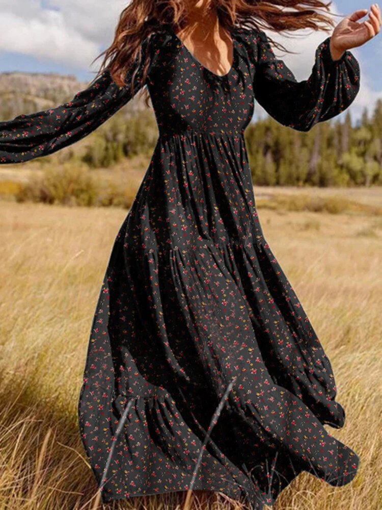 Floral Print Long Sleeves V-neck Casual Dress For Women 2 Floral Print Long Sleeves V-neck Casual Dress For Women - Image 2