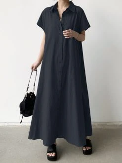 Women Solid Lapel Button Front Short Sleeve Maxi Shirt Dress -Zanzea Shop 3ddc1ce4 b1fe 4d4c 990f 74817f4c0969