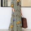 Plants Print Pocket Long Sleeve Button Maxi Shirt Dress