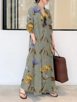 Plants Print Pocket Long Sleeve Button Maxi Shirt Dress