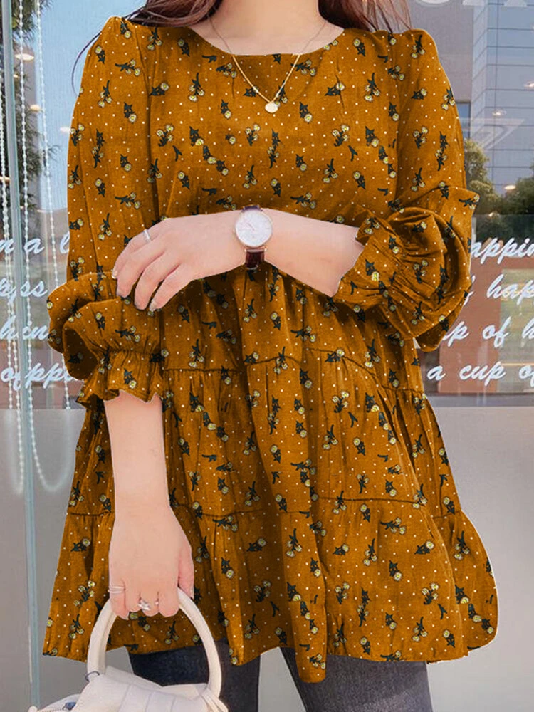 Allover Floral Print Puff Sleeve Crew Neck Casual Blouse 4 Allover Floral Print Puff Sleeve Crew Neck Casual Blouse - Image 4