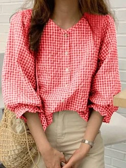 Women Plaid Seersucker Button Front Casual 3/4 Sleeve Shirt -Zanzea Shop 3e222fdb 2024 4ef4 90f0 ef2a39c932da