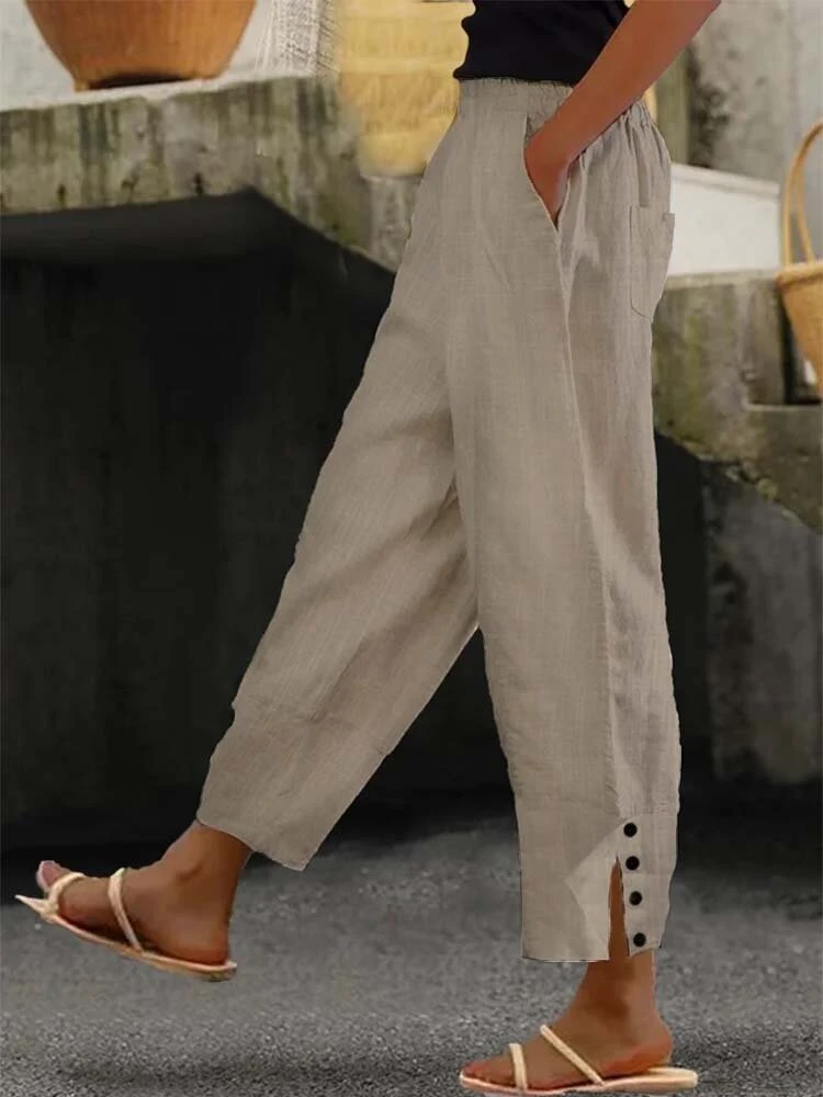 Women Solid Side Split Button Cuff Cotton Cropped Pants 2 Women Solid Side Split Button Cuff Cotton Cropped Pants - Image 2