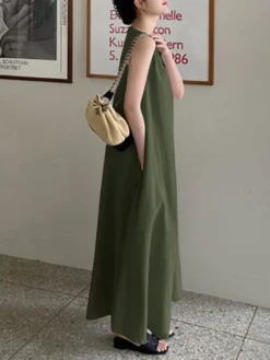 Solid Sleeveless Pocket Swing Crew Neck Cotton Maxi Dress -Zanzea Shop 3e53f23c 4ea2 4942 bff8 be2fcd41d058