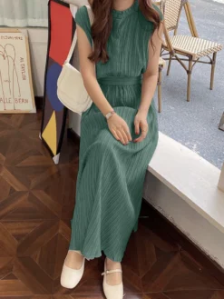 Textured Stand Collar Sleeveless Maxi Dress With Belt -Zanzea Shop 3e583728 36bc 4096 bc3b 8aac63a55493