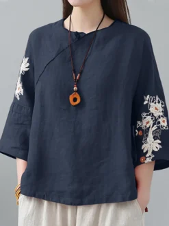 Flower Embroidery Frog Button Crew Neck 3/4 Sleeve Blouse 17 Flower Embroidery Frog Button Crew Neck 3/4 Sleeve Blouse -Zanzea Shop 3e68d2e4 012f 47b4 841d 0b24453299b2