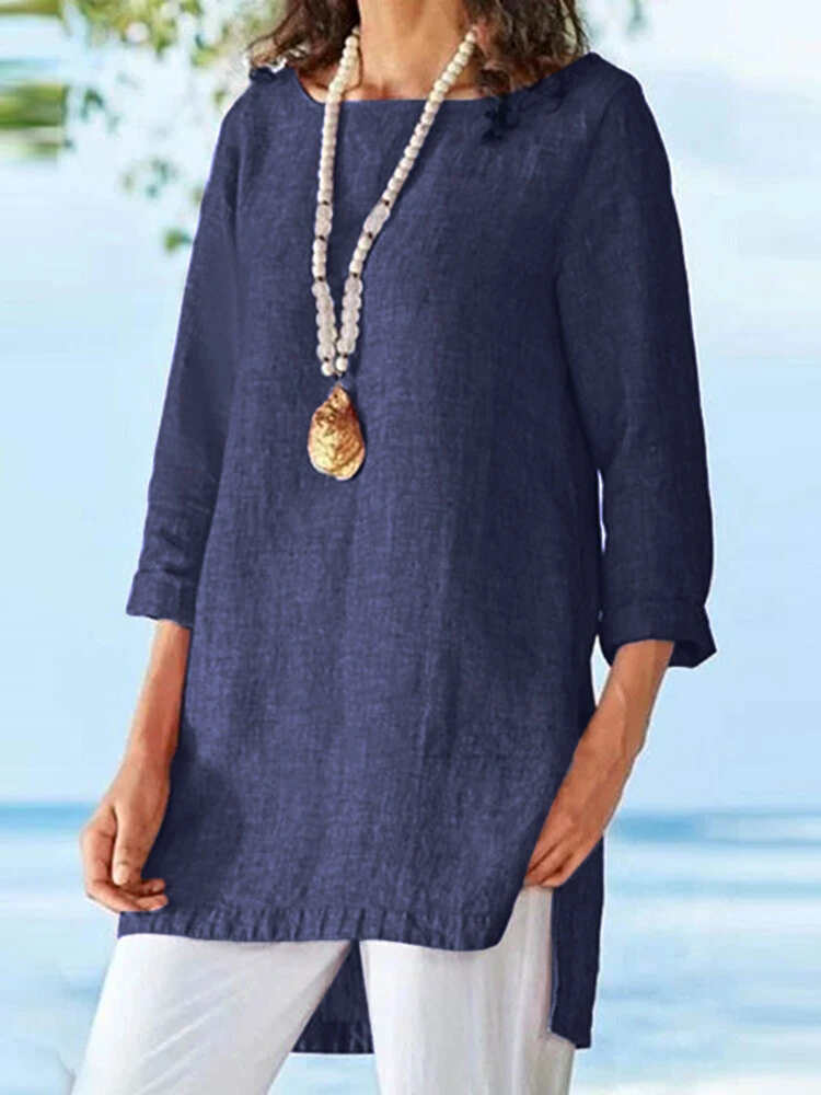 Women Solid Cotton High-Low Hem Long Sleeve Blouse 2 Women Solid Cotton High-Low Hem Long Sleeve Blouse - Image 2