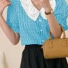 Check Contrast Collar Puff Sleeve Button Front Blouse