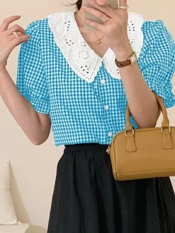 Check Contrast Collar Puff Sleeve Button Front Blouse