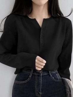 Solid Long Sleeve Half Placket Button Crew Neck Knit T-shirt -Zanzea Shop 3eb74a7d 2217 487c ba8d 8444c6baf762