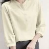 Solid Button 3/4 Sleeve Stand Collar Blouse For Women