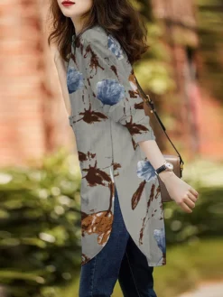 Plants Print Slit Curved Hem Long Sleeve Stand Collar Blouse -Zanzea Shop 3f15acd7 fc3f 4950 befb c64ca221761a