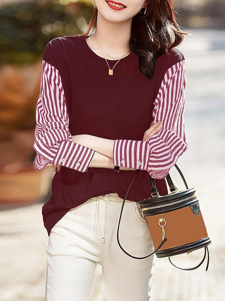 Stripe Patchwork Long Sleeve Crew Neck Blouse 5 Stripe Patchwork Long Sleeve Crew Neck Blouse - Image 5