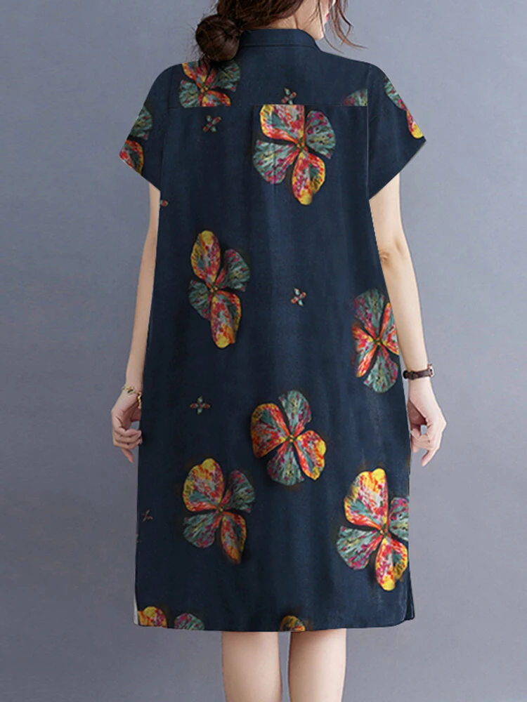 Flower Print Button Pocket Casual Cotton Midi Dress 2 Flower Print Button Pocket Casual Cotton Midi Dress - Image 2