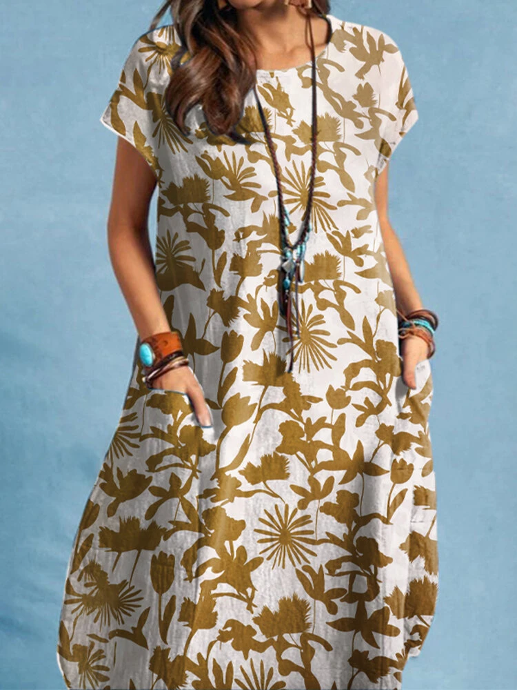 Plants Print Pocket Short Sleeve Crew Neck Casual Dress 4 Plants Print Pocket Short Sleeve Crew Neck Casual Dress - Image 4