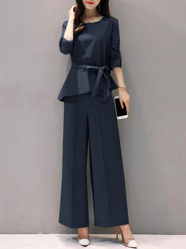 Solid Belt Asymmetrical Hem Long Sleeve Two Pieces Suit 4 Solid Belt Asymmetrical Hem Long Sleeve Two Pieces Suit - Image 4