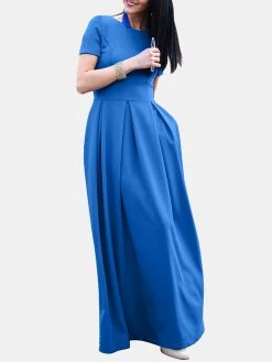 Solid Short Sleeve Pocket Crew Neck Maxi Dress