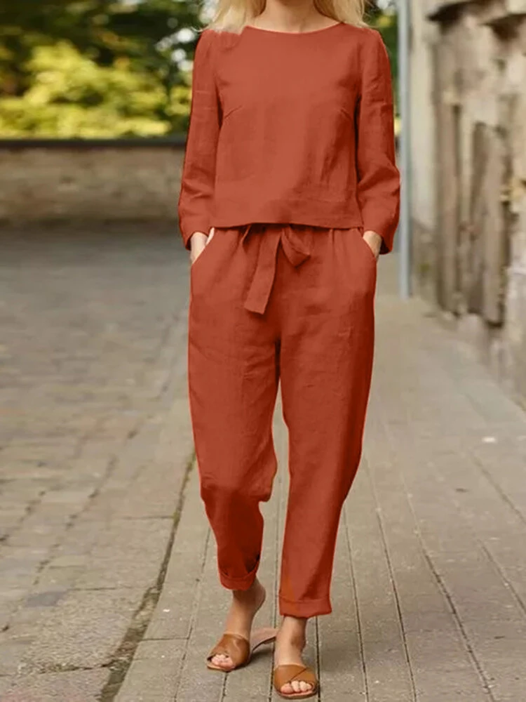 Solid Long Sleeve Pocket Knotted Two Pieces Suit 5 Solid Long Sleeve Pocket Knotted Two Pieces Suit - Image 5