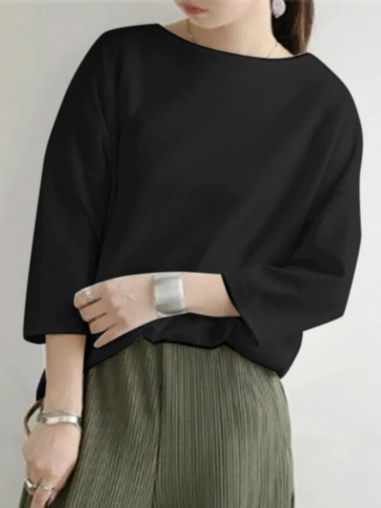 Solid Drop Shoulder 3/4 Sleeve Crew Neck Casual Loose T-shirt 8 Solid Drop Shoulder 3/4 Sleeve Crew Neck Casual Loose T-shirt - Image 8