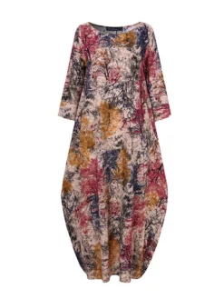 Printed O-neck Side Pockets Cotton 3/4 Sleeve Long Dress -Zanzea Shop 400be0e5 6f62 4275 8a86 d9c57dcbd127