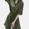 Solid Pocket Lapel Belt Button Front Short Sleeve Romper
